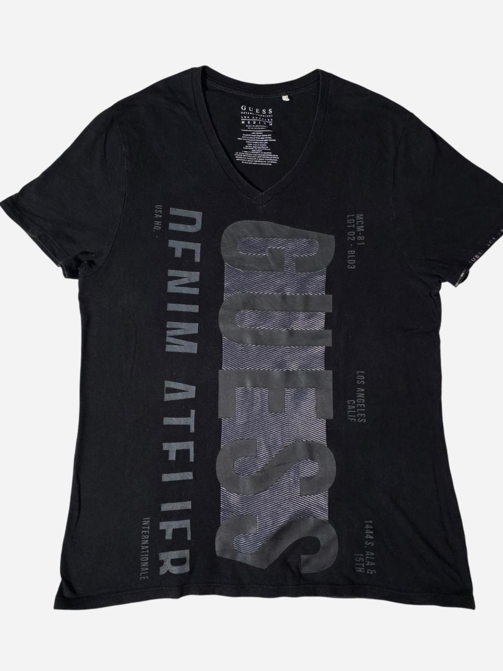 Guess Black V-Neck Cotton Graphic Tee - Medium